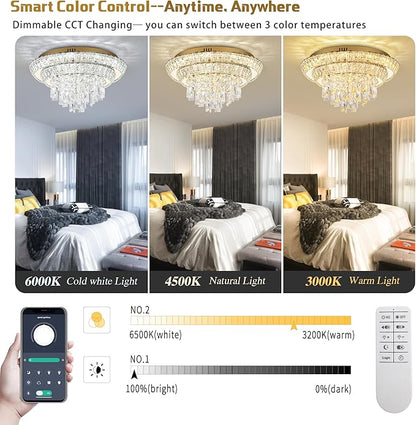 18 inch Crystal Gold Ceiling-Light Flush Mount With Remote Control and APP, 3CCT Dimmable & Brightness Adjustable, Modern Crystal Raindrop Chandeliers for Bedroom Hallway Dinning Room Living Room