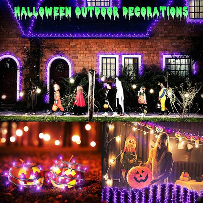 New Upgraded Orange and Purple Solar Halloween Lights, 19 Modes 2 Pack Total 144FT 400 LED Solar String Lights Outdoor Waterproof Solar & USB Rechargeable for Halloween Decorations, Orange & Purple