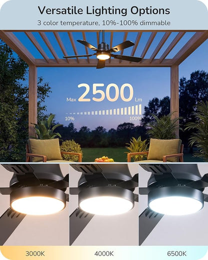 EDISHINE 42" Outdoor Ceiling Fan with Light, IP66 Waterproof Gazebo Hanging Fan, 4800 CFM, 3CCT, APP/Remote Control, 5 Wood Blade, 6-Speed Winds, Plug in Ceiling Fans for Patios Porch Pergola, Black