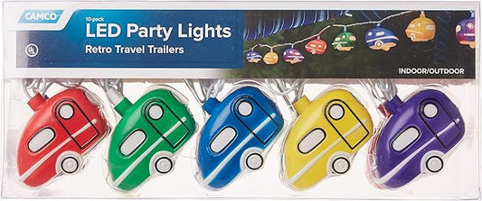 Camco Retro Travel Trailer Party Lights - Features an 8' Strand with (10) Travel Trailer Lights - Camping String Lights - Perfect for RV Awnings and Campsite Décor (42655)