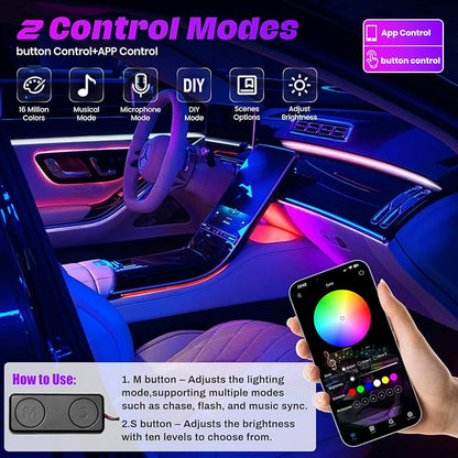 Acrylic Interior Car LED Strip Lights, Dreamcolor 18-in-1 Car Ambient Lighting Kit, with APP Control, 622 LED Fiber Optic Strip Lights for Cars, Supports Neon Sync with Music DIY Mode.