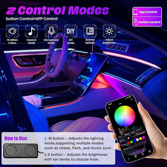 KENANEK Ambient Lighting Car Interior LED Strip Lights 22-in-1, 175” Acrylic Multi-Color Car Ambient Lighting Kit with Music Sync, APP Control, Interior LED Lighting for Cars SUVs Trucks