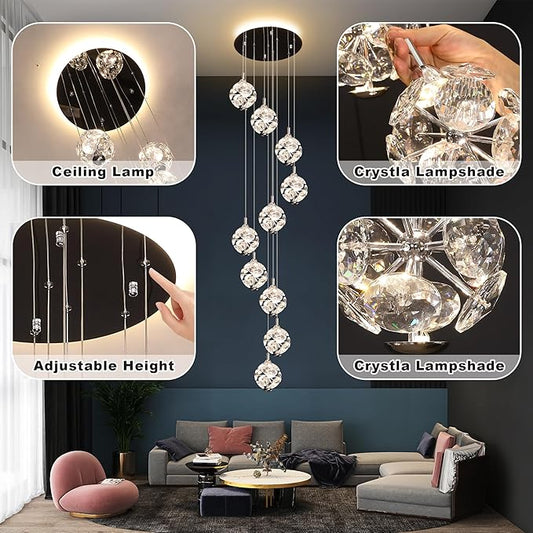 10-Light High Ceilings Long Chandeliers Modern Crystal Staircase Chandelier Hanging Flush Mount Lighting Fixtures Long Raindrop Hanging Chandeliers for Staircase,Foyer,Entryway