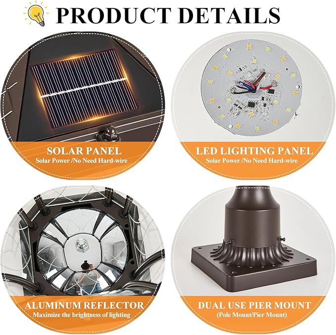 Dusk to Dawn Solar Outdoor Post Lights, Brown Outside Pillar Lights with Pier Mount Base, Waterproof Aluminum Solar Pole Lamps Head with Patterned Glass for Yard, Path, Garden