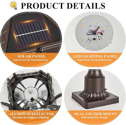 Dusk to Dawn Solar Outdoor Post Lights, Brown Outside Pillar Lights with Pier Mount Base, Waterproof Aluminum Solar Pole Lamps Head with Patterned Glass for Yard, Path, Garden