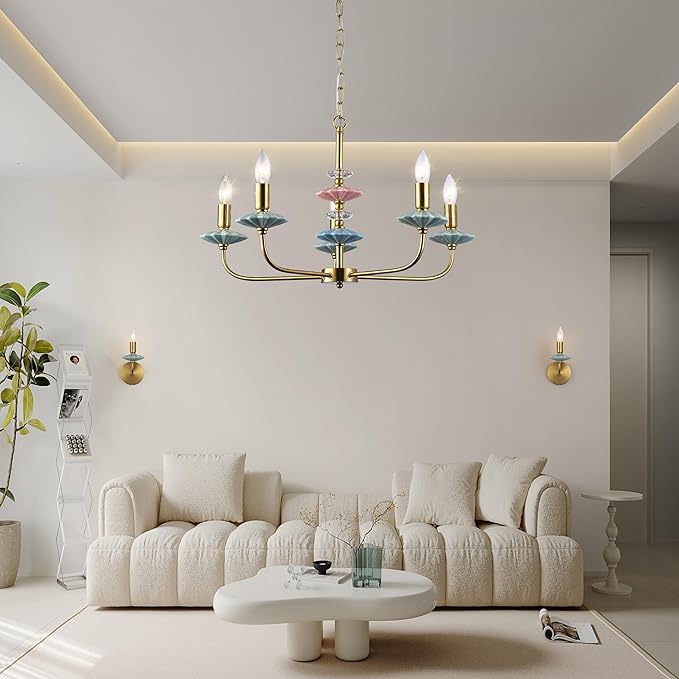 Gold Chandeliers for Dining Room Light Fixture Over Table,5-Light Art Deco Chandelier, Modern Retro Candle Chandelier with Ceramic,Farmhouse Chandelier for Girls Bedroom，Living Room, Foyer