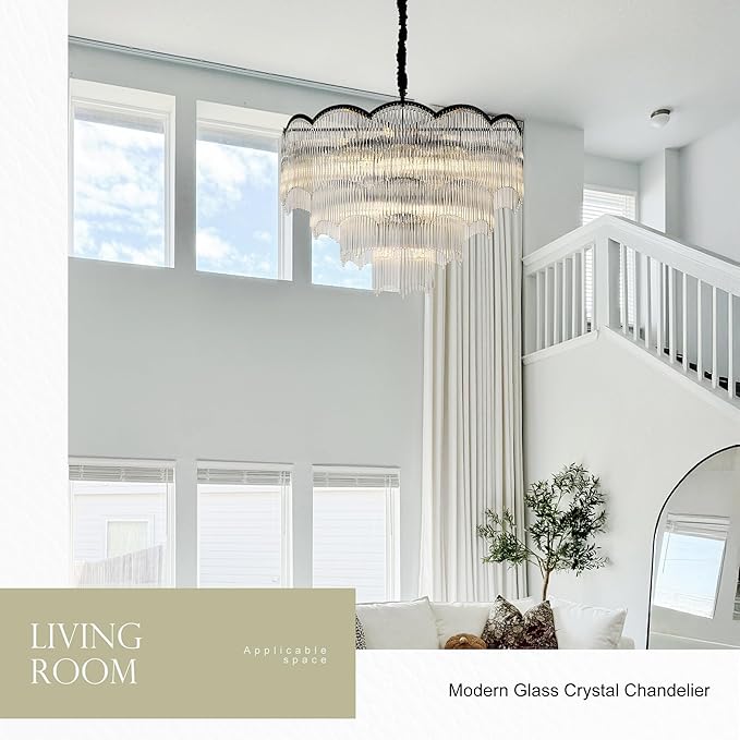 31.5" Black Clear Glass Crystal Chandelier 18-Light Modern Crystal Pendant Ceiling Light Fixture 4-Tier Luxury Glass Chandeliers,for Dining Room Kitchen Island Living Room Bedroom