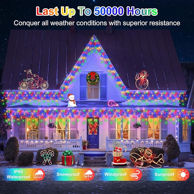 504LED 50ft Christmas Lights, 112Drops 12 Modes Multicolor Christmas String Lights Outdoor Dimmable, Waterproof Christmas Decoration Fairy Lights with Timer for Indoor Eaves Party Patio Window Fence