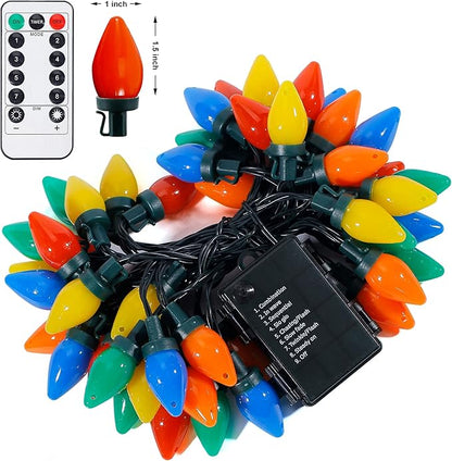 RECESKY C7 Bulbs Christmas String Lights with Remote - 50 LED 26ft Battery String Lights - Fairy Christmas Lighting for Outdoor Yard Wreath House Party Xmas Tree Christmas Decorations - Multi Color