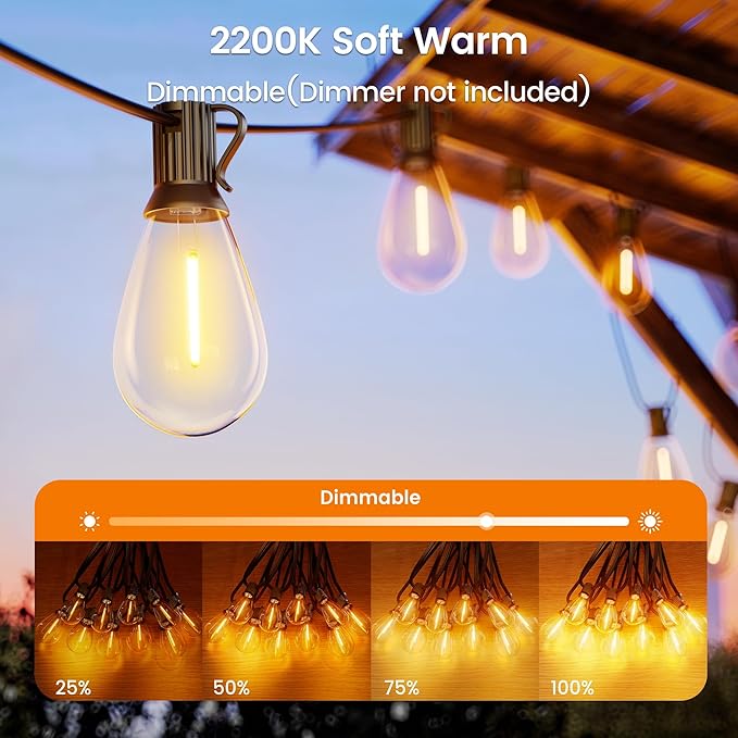 Outdoor String Lights, 25FT Patio Lights with 13 Shatterproof S11 Bulbs (1 Spare), IP65 Waterproof & Connectable, 2200K Warm White LED Hanging Lights for Cafe, Garden, Porch, Party Decor
