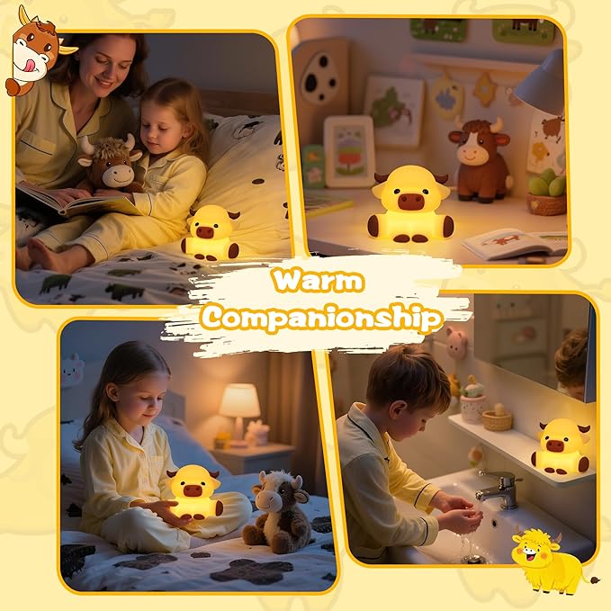 OkiyiD Highland Cow Lamp, Dimmable Silicone Touch Night Light, Soft Glow Bedside Lamp for Bedroom or Desk Decor, Highland Cow Gifts, USB Powered with Gentle Illumination