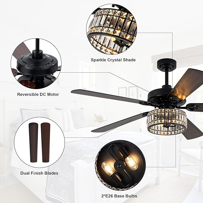 Farmhouse Ceiling Fan with Lights and Remote Large Rustic Ceiling Fan Caged Fandelier Industrial Chandelier Light, Reversible Quiet DC Motor 6 Speed for Indoor Outdoor (Crystal, 60 Inch)
