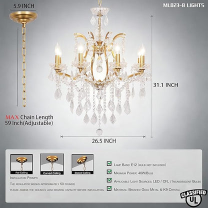 Antique Gold Crystal Chandeliers, Candle Pendant Ceiling Light Fixture 8-Lights Luxury Polished Golden Bronze Crystal Chandelier Adjustable Chain for Dining Living Room Foyer Hallway