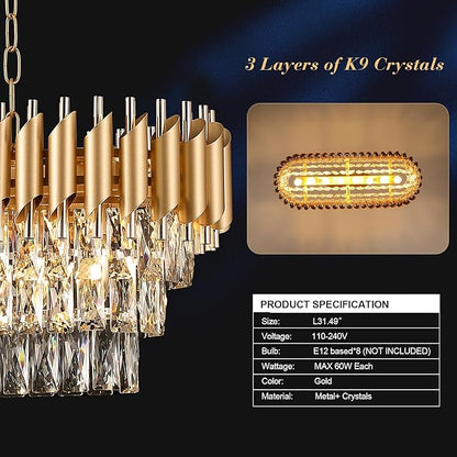 A AXILIXI Modern Rectangular Chandelier Gold Crystal Chandeliers for Dining Room 8-Light Linear Ceiling Pendant Light Long 32” Luxury Oval Chandelier for Kitchen Island Living Room