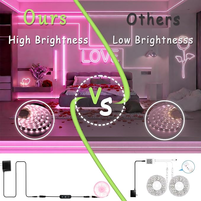 Pink 50 Feet Led Lights Strip Valentines Day Decor Rope Lights Easy DIY Princess Bedroom Cuttable Strip Lights for Baby Room Bathroom Living Room Kitchen Ceiling Wall Vanity Mirror Decoration