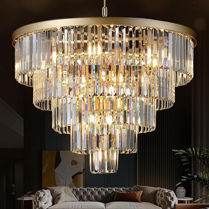 Large Crystal Chandelier Modern Gold 30" 16 Lights Round Chandeliers 5 Tiers Luxury K9 Crystal Ceiling Pendant Light Fixture for Foyer Staircase Living Room Dining Room