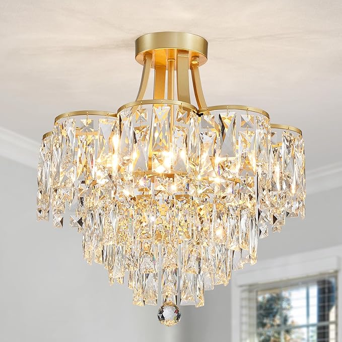WUZUPS Crystal Chandelier Semi-Flushmount Ceiling Light Modern Lighting Fixture for Bedroom Hallway Entry Kitchen Bathroom, H 19.3" x W 18.3", E12 Base, Gold