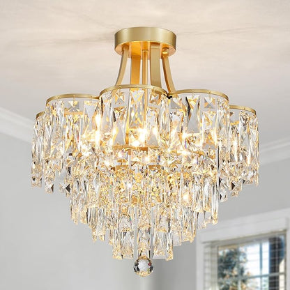 WUZUPS Crystal Chandelier Semi-Flushmount Ceiling Light Modern Lighting Fixture for Bedroom Hallway Entry Kitchen Bathroom, H 19.3" x W 18.3", E12 Base, Gold