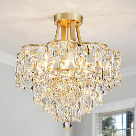 WUZUPS Crystal Chandelier Semi-Flushmount Ceiling Light Modern Lighting Fixture for Bedroom Hallway Entry Kitchen Bathroom, H 19.3" x W 18.3", E12 Base, Gold