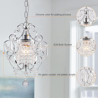 Plug in Crystal Chandelier,14.7 Ft Hanging Lights with Clear Cord & On/Off Switch,Plug in Ceiling Light Small Chandeliers for Bedroom Dining Room Entryway Living Room