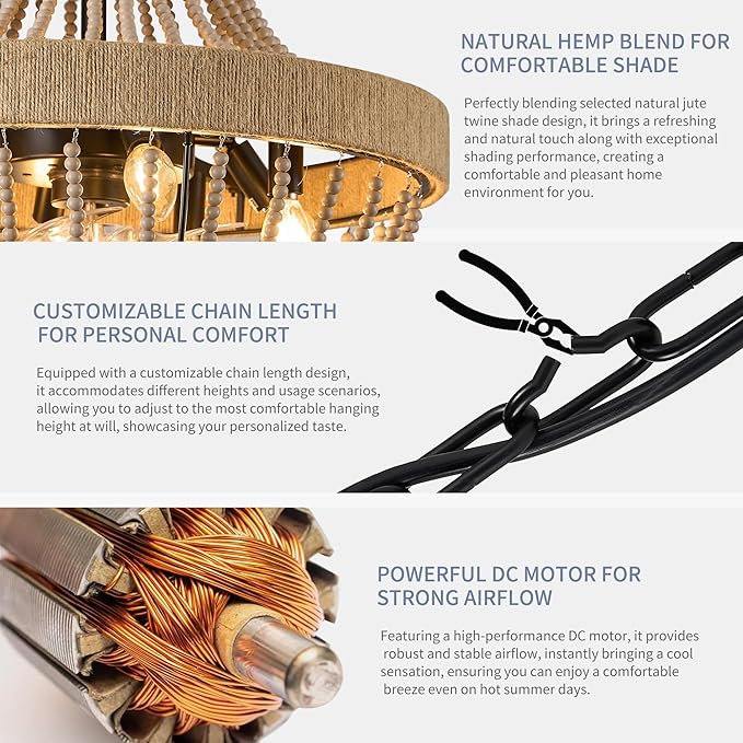 Bohemian Empire Style Chandelier Fan with 64 Wood Bead Strands, 7-Blade Invisible, Remote/APP Control, 20'' Ceiling Light Fixture for Living Room Bedroom Dining (Black, 20'' Boho Style)