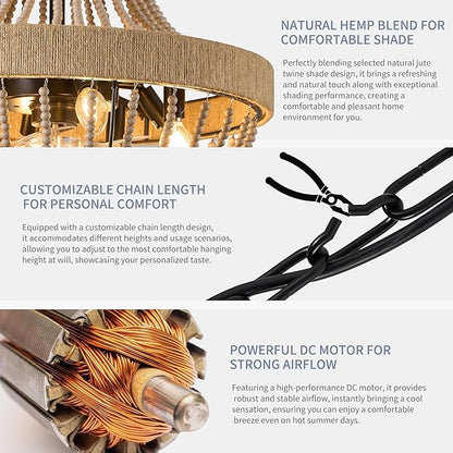 Bohemian Empire Style Chandelier Fan with 64 Wood Bead Strands, 7-Blade Invisible, Remote/APP Control, 20'' Ceiling Light Fixture for Living Room Bedroom Dining (Black, 20'' Boho Style)