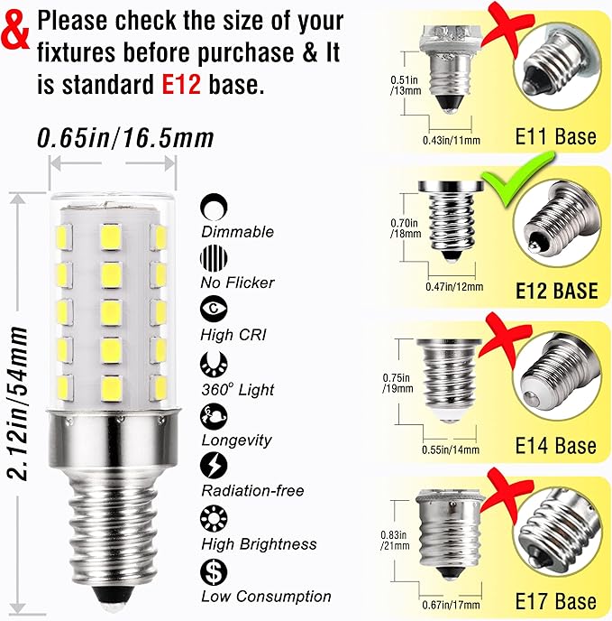 ALIDE Dimmable E12 5000k Daylight White Led Bulbs,Replace Kx-2000 40 Watt E12 Halogen Equivalent,T6 Base 120V C7 LED Candelabra Bulbs 4W Bright White for Ceiling Fan Chandelier Salt Lamp,450lm,10Pack