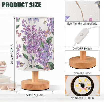 Table Lamp Purple Lilac Flower Bee Butterfly Nature Floral Nightstand Lamp with Wood Base Fabric Lamp Shade Bedside Desk Lamp for Living Room Bedroom Kids Room Office