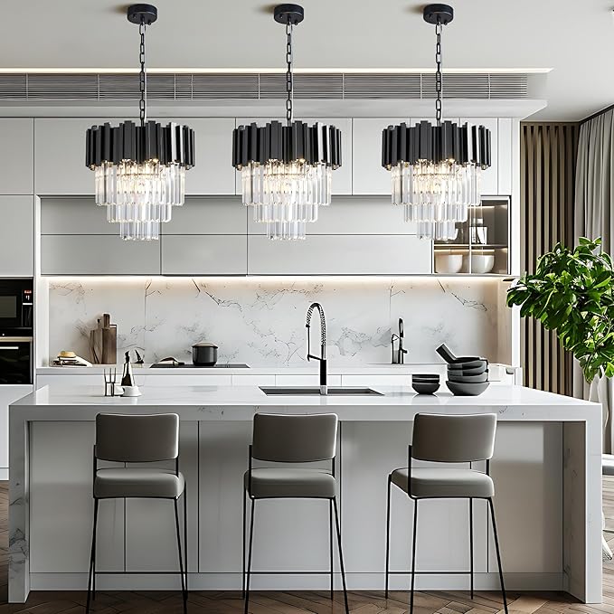 15.8" Black Crystal Chandelier, 5-Light Modern Chandelier, 3-Tier Round Pendant Light Fixture for Dining Room, Kitchen Island, Bedroom, Living Room, Foyer, Entryway, Small Crystal Chandeliers