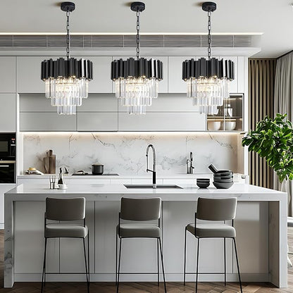 15.8" Black Crystal Chandelier, 5-Light Modern Chandelier, 3-Tier Round Pendant Light Fixture for Dining Room, Kitchen Island, Bedroom, Living Room, Foyer, Entryway, Small Crystal Chandeliers