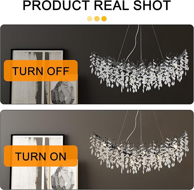 Modern Crystal Tree Branches Chandelier, 47.5in Black 12 Lights Large Ceiling Hanging Light for Dining Room, Arc Raindrop Pendant Light Fixture