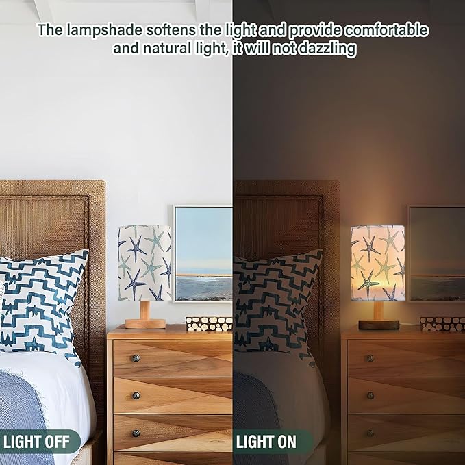 Table Lamp Nautical Starfish Pattern Nightstand Lamp with Wood Base Fabric Lamp Shade Bedside Desk Lamp for Living Room Bedroom Kids Room Office