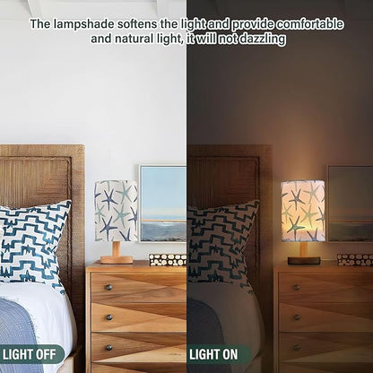 Table Lamp Nautical Starfish Pattern Nightstand Lamp with Wood Base Fabric Lamp Shade Bedside Desk Lamp for Living Room Bedroom Kids Room Office