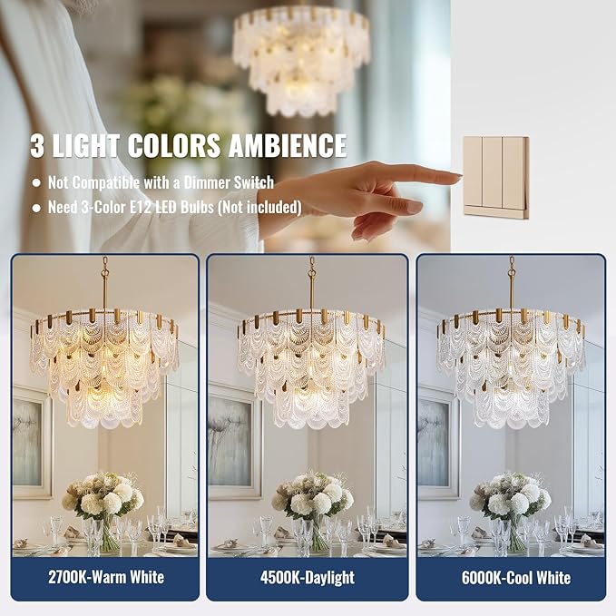 31.5-inch Glass Chandelier,Gold Glass Kitchen Island Lights,16-Light Dining Room Hanging Pendant Light Fixture for Living Room, Bedroom,Foyer, Bathroom,Entryway, Brass Finish, D31.5 xH34.6