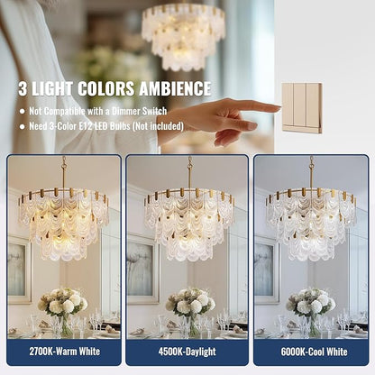 31.5-inch Glass Chandelier,Gold Glass Kitchen Island Lights,16-Light Dining Room Hanging Pendant Light Fixture for Living Room, Bedroom,Foyer, Bathroom,Entryway, Brass Finish, D31.5 xH34.6
