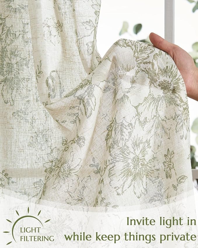 jinchan Floral Linen Tier Curtains 24 Inch Farmhouse Cafe Curtains Tie Top Botanic Drapes for Small Windows Over Sink for Kitchen Country Rustic Laundry Room Bathroom RV 2 Panels Green on Beige