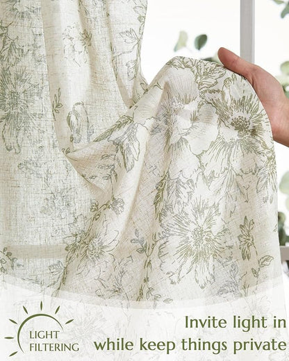 jinchan Floral Linen Tier Curtains 24 Inch Farmhouse Cafe Curtains Tie Top Botanic Drapes for Small Windows Over Sink for Kitchen Country Rustic Laundry Room Bathroom RV 2 Panels Green on Beige