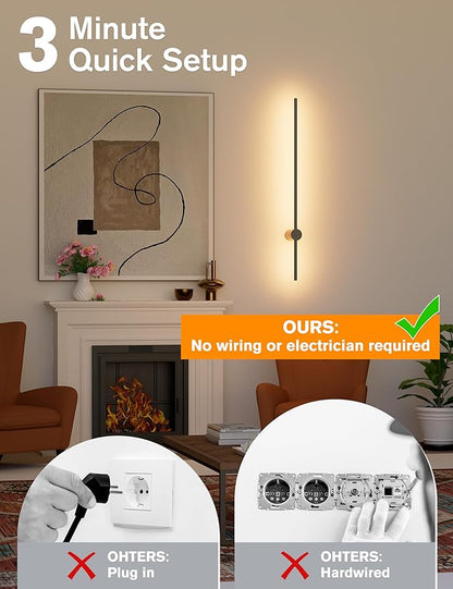 JOFIOS Battery Operated Wall Sconces Set of 2,10000mAh Rechargeable Wireless Sconces with Remote Control,Dimmable Wall Lamps with 7 Colors,35.4 Inch Modern Black Wall Lights for Bedroom, Living Room