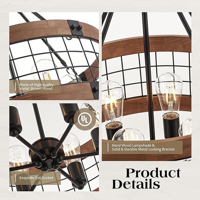 6-Light Farmhouse Drum Wood Pendant Light,20.55'' Vintage Rustic Brown Oak Wood Chandeliers,Retro Industrial Hanging Light Fixtures for Dining Room Entryway, Bedroom