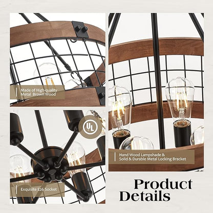 6-Light Farmhouse Drum Wood Pendant Light,20.55'' Vintage Rustic Brown Oak Wood Chandeliers,Retro Industrial Hanging Light Fixtures for Dining Room Entryway, Bedroom