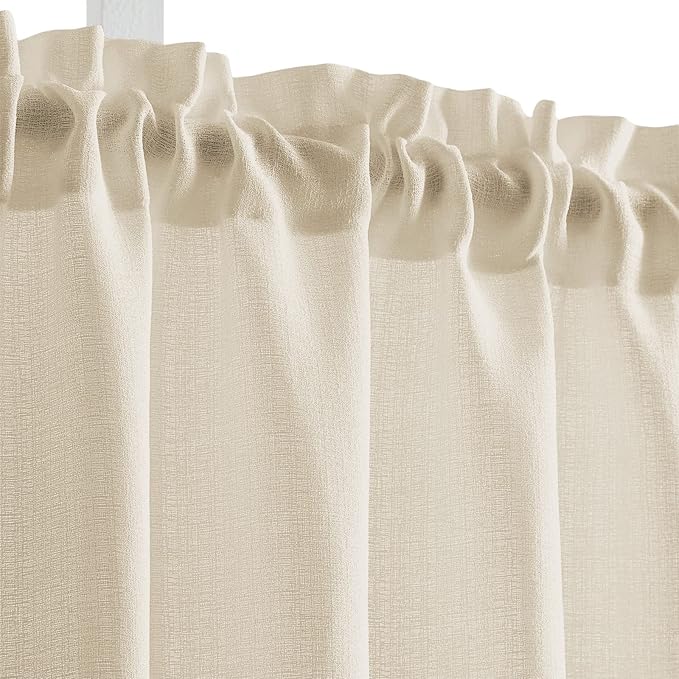 Melodieux Beige Semi Sheer Tier Curtains 45 Inch Length for Kitchen Cafe Bedroom Small Windows, Linen Look Rod Pocket Short Curtain Tiers Voile Drapes, 2 Panels