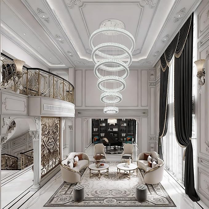 Finktonglan 6-Ring Crystal LED Chandelier, Cool White 6000K Modern Pendant Light, Adjustable Height up to 118", K9 Stainless Rings (Ø7.9–27.6"), Non-Dimmable for Foyer Stair Living Room
