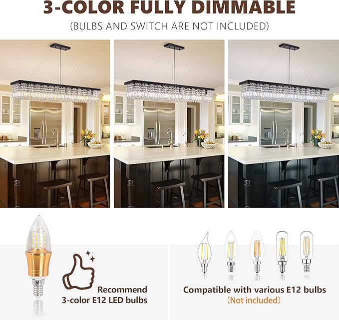 59-inch Modern Crystal Chandelier,13-Light K9 Crystal Rectangle Chandelier for Dining Room,Kitchen Island Adjustable Hanging Pendant Light Fixture,Black Finish