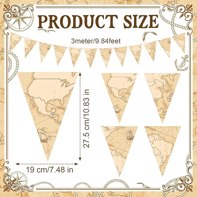 HESTYA 5 Pcs 49 Feet Vintage Antique Map Pennant Banner Retro Nautical Sailing Ship Triangle Flag Bunting for Travel Themed Party Graduation Farewell Going Away Retirement Adventure Decoration