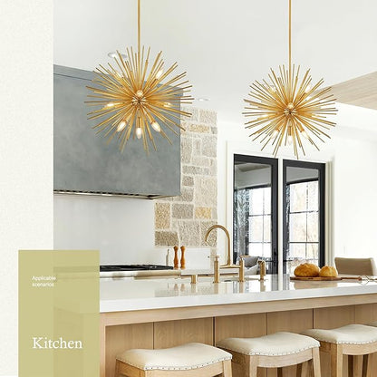 24" Gold Sputnik Chandelier 9-Light, Mid Century Modern Starburst Ceiling Light with Adjustable Chain, Industrial Globe Pendant Light Fixture for Dining Room Kitchen Island Living Room Foyer Entryway