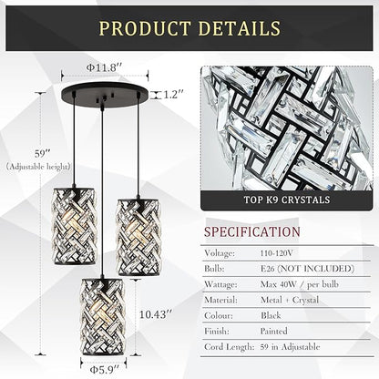 CATINER 3 Lights Crystal Pendant Light Modern Black Mini Chandelier, Adjustable Cluster Pendant Light Fixture for Kitchen Island Dinning Room Bedroom Hallway Porch