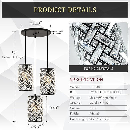 CATINER 3 Lights Crystal Pendant Light Modern Black Mini Chandelier, Adjustable Cluster Pendant Light Fixture for Kitchen Island Dinning Room Bedroom Hallway Porch