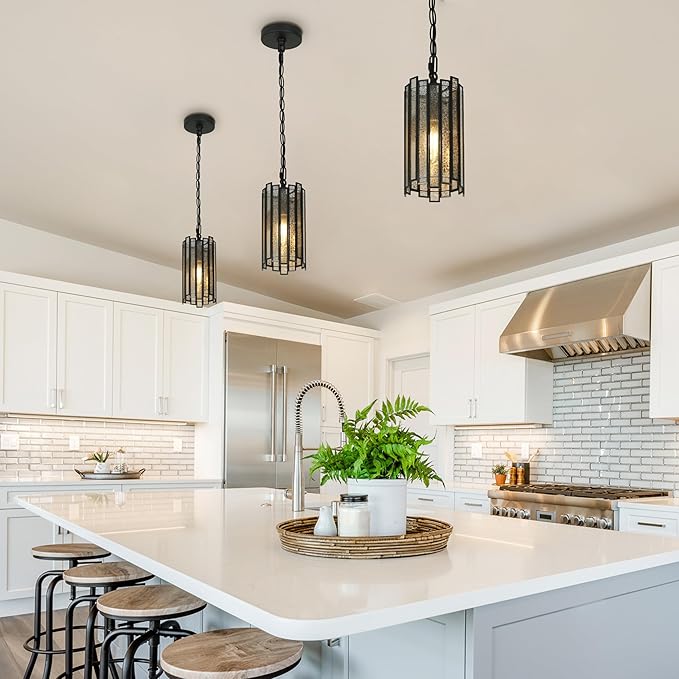 KSANA Black Pendant Lights Kitchen Island, Kitchen Pendant Lighting Over Island with Colored Glass Shade, Modern Hanging Light Fixtures for Dining Table, Bedside, Tableside, Hallway, 4.5''D x 8.5''H