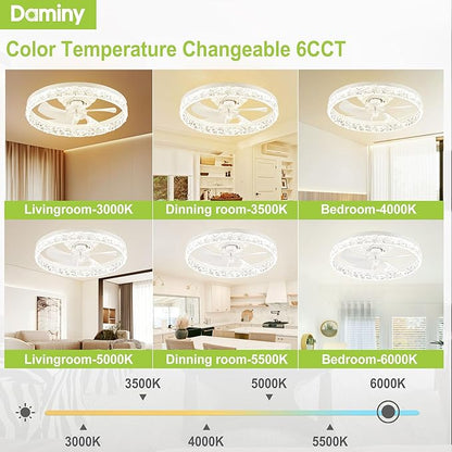 DAMINY Ceiling Fans with Lights and Remote, 6CCT,Dimmable Low Profile Ceiling Fan with Light, Flush Mount Bladeless Ceiling Fan,6 Speeds,20 inch Black Modern