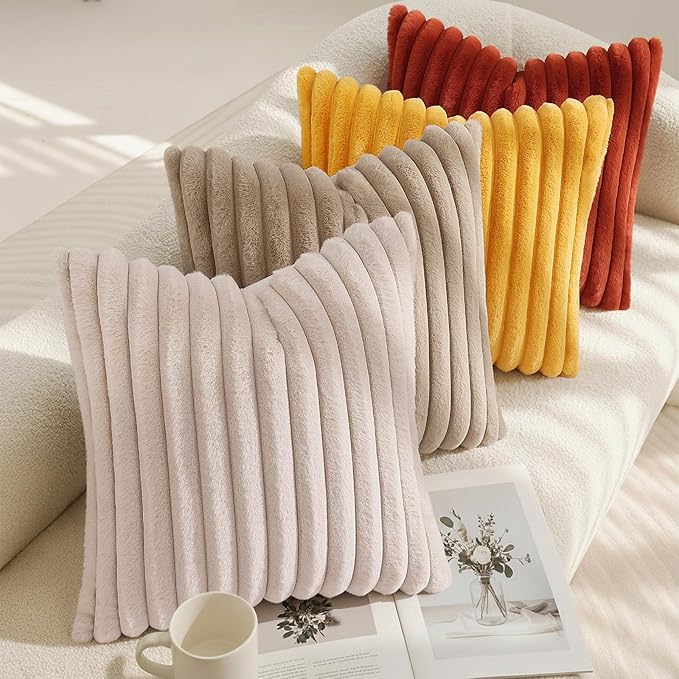 decorUhome Cozy Faux Fur Throw Pillow Covers 12x20 Set of 2 Decorative Soft Plush Striped Lumbar Modern Farmhouse Boho Couch Pillow Cases with Velvet Back for Sofa Bed Living Room, Khaki Brown
